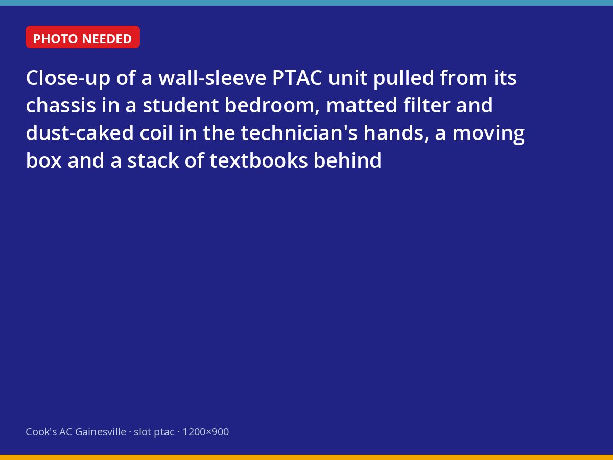 A through-wall PTAC unit removed for cleaning in a Gainesville student apartment, with a clogged filter
