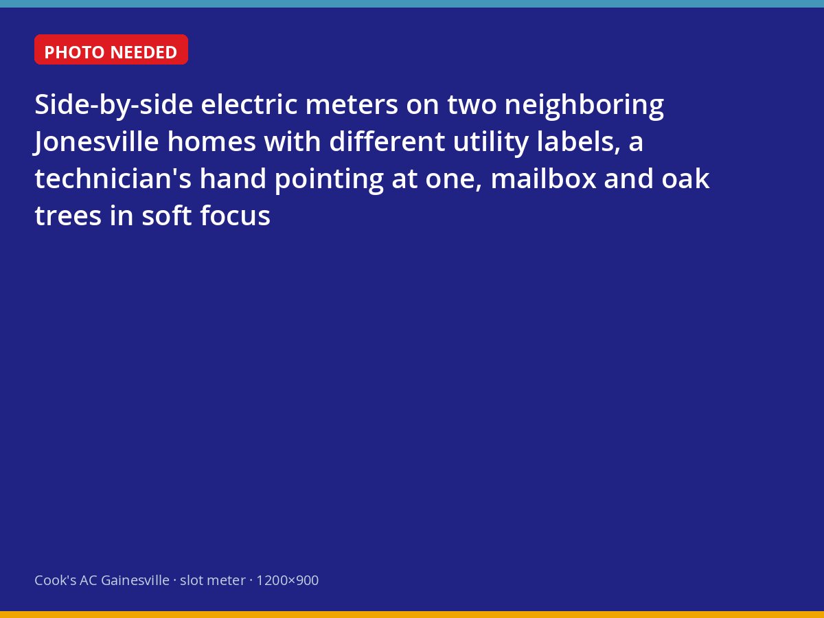 Two electric meters on neighboring homes near Jonesville, Florida, from different utilities