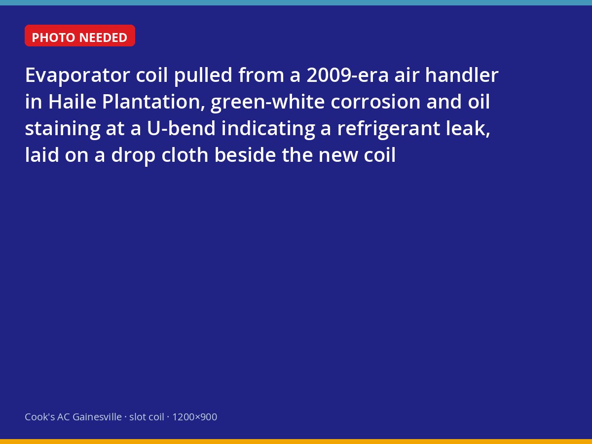 Leaking evaporator coil removed from a late-2000s heat pump in Haile Plantation, beside its replacement
