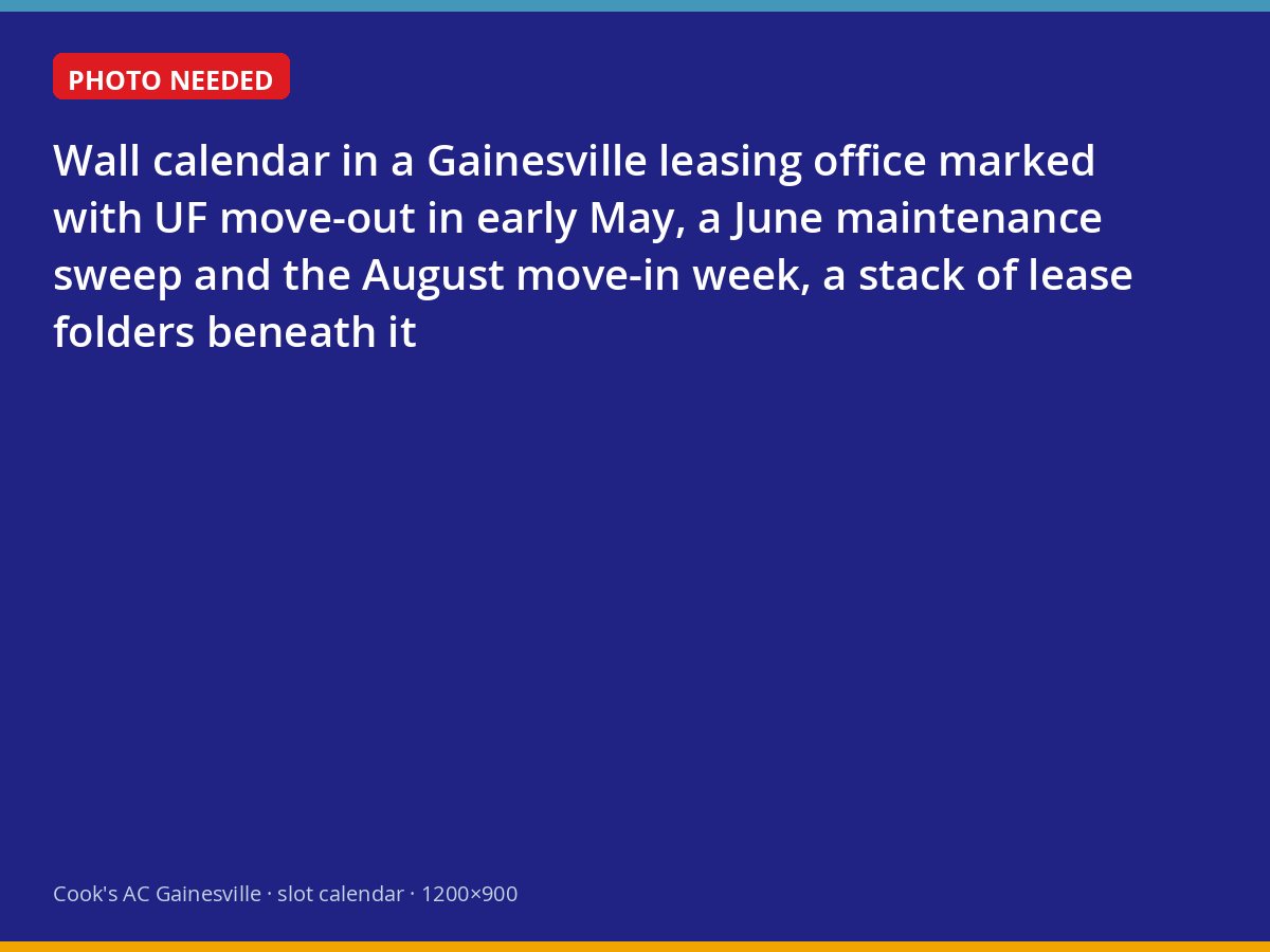 Leasing office calendar showing the Gainesville student turnover cycle and a June HVAC sweep