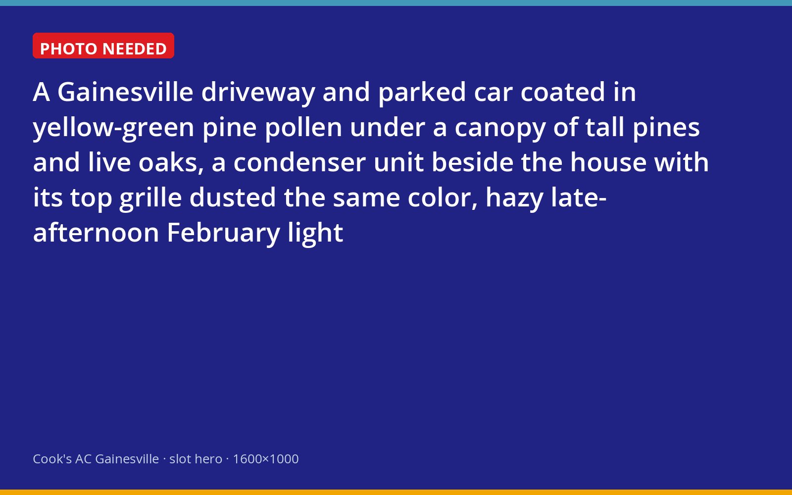 Pine pollen coating a car, driveway and outdoor air conditioning unit under tree canopy in Gainesville