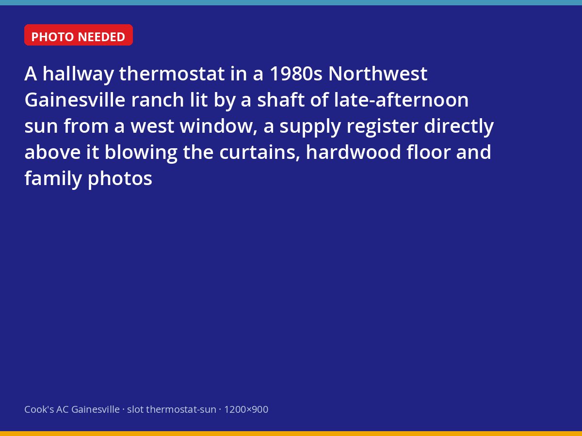 Thermostat placed in direct sun beneath a supply register in an older Gainesville home