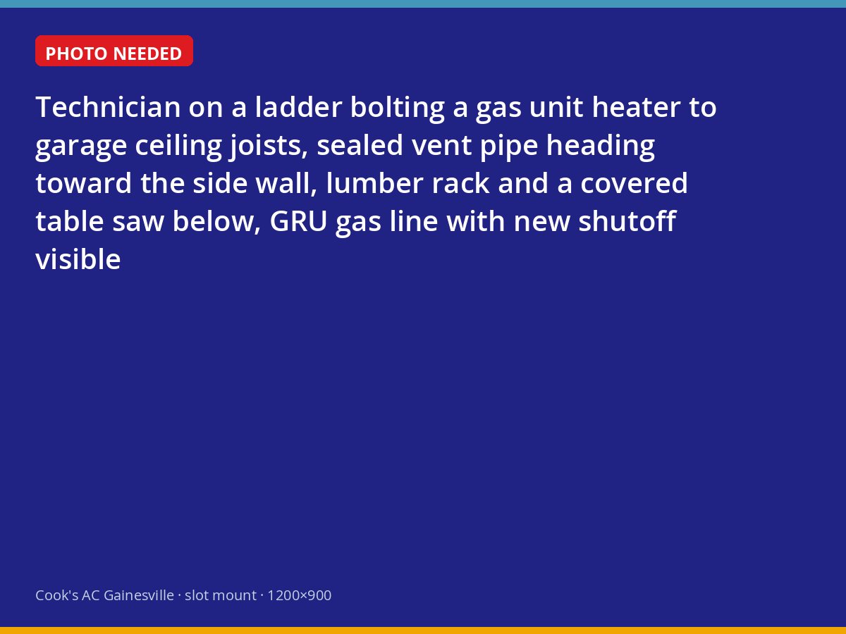 Installer mounting a gas garage heater to the ceiling of a Gainesville workshop