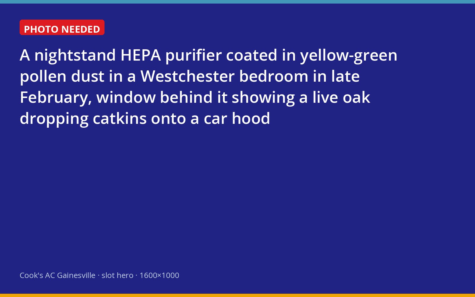 Portable air purifier dusted with oak pollen in a Gainesville bedroom during pollen season