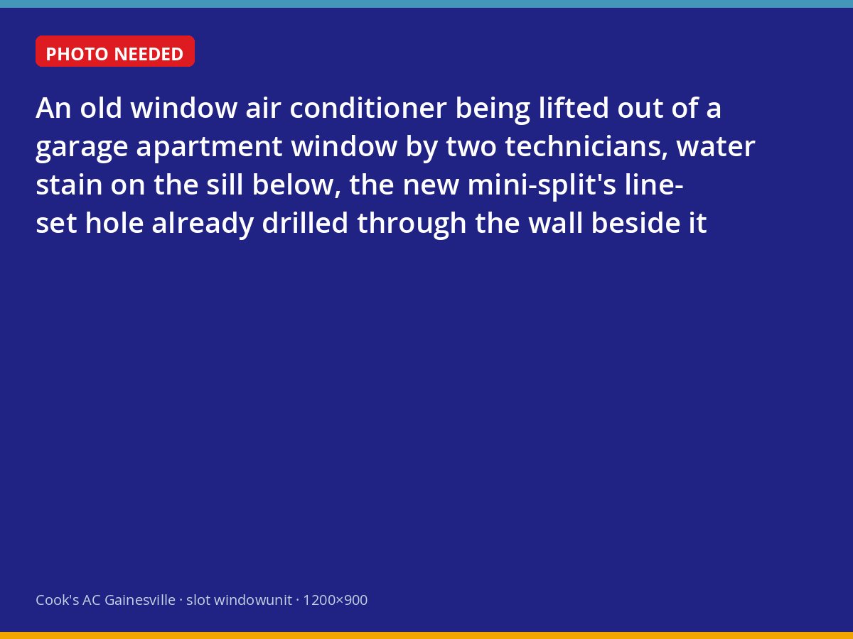 Technicians removing a dripping window air conditioner before a mini-split install