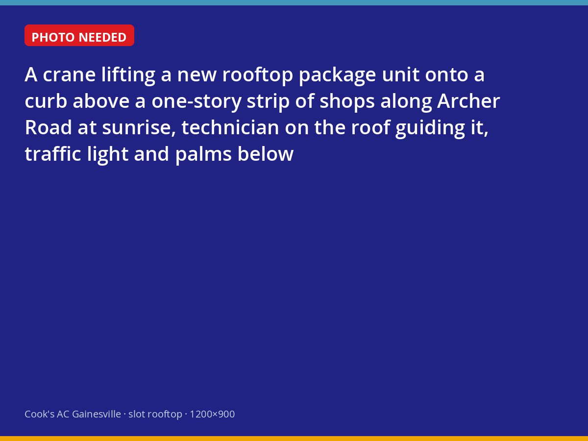 Crane setting a new rooftop package unit on a small commercial building in Gainesville