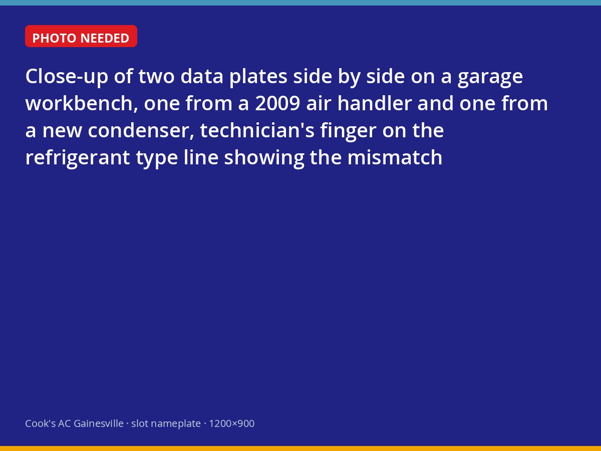 Data plates from an old air handler and a new condenser showing different refrigerants