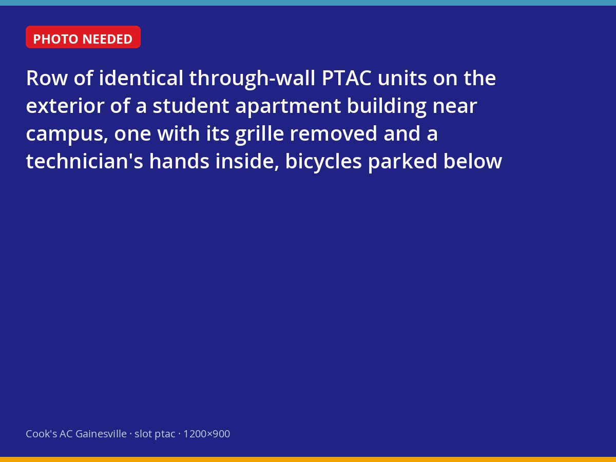 Technician servicing a through-wall PTAC unit at a Gainesville student apartment building