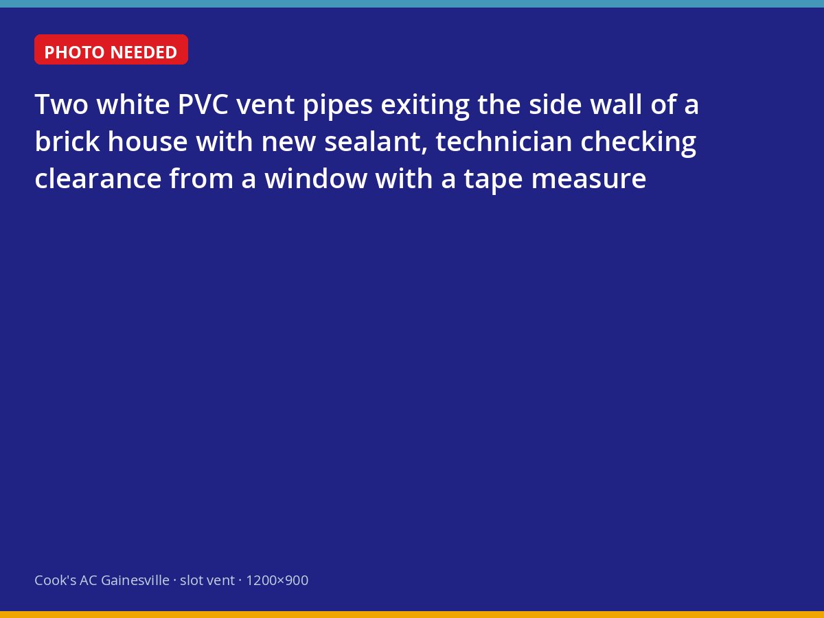 Technician measuring clearance of new furnace vent pipes on a Gainesville home's exterior wall