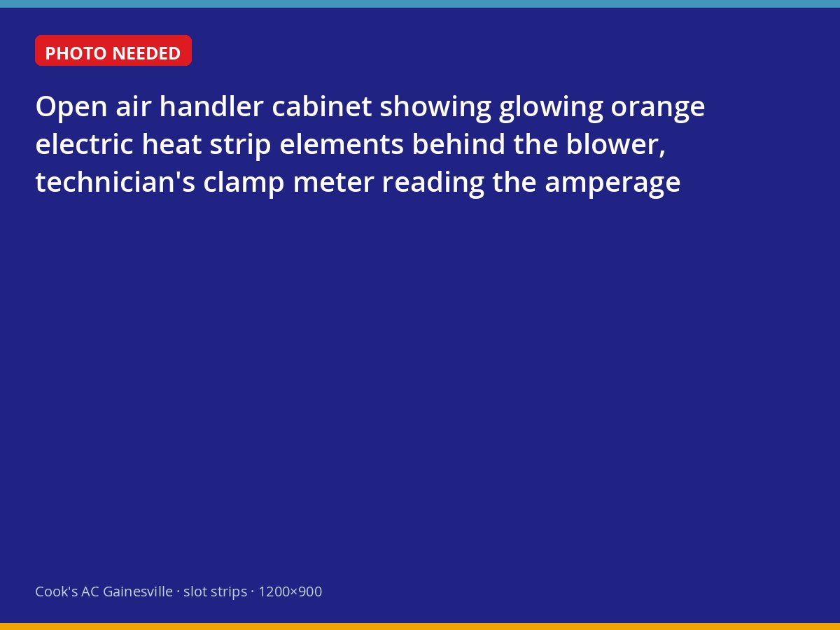 Electric heat strips glowing inside an air handler while a technician measures current