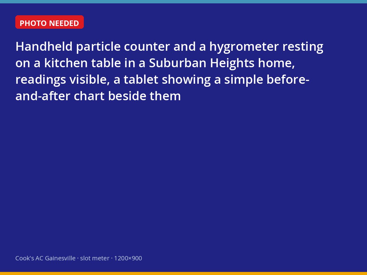 Particle counter and hygrometer readings on a Gainesville kitchen table during an indoor air assessment
